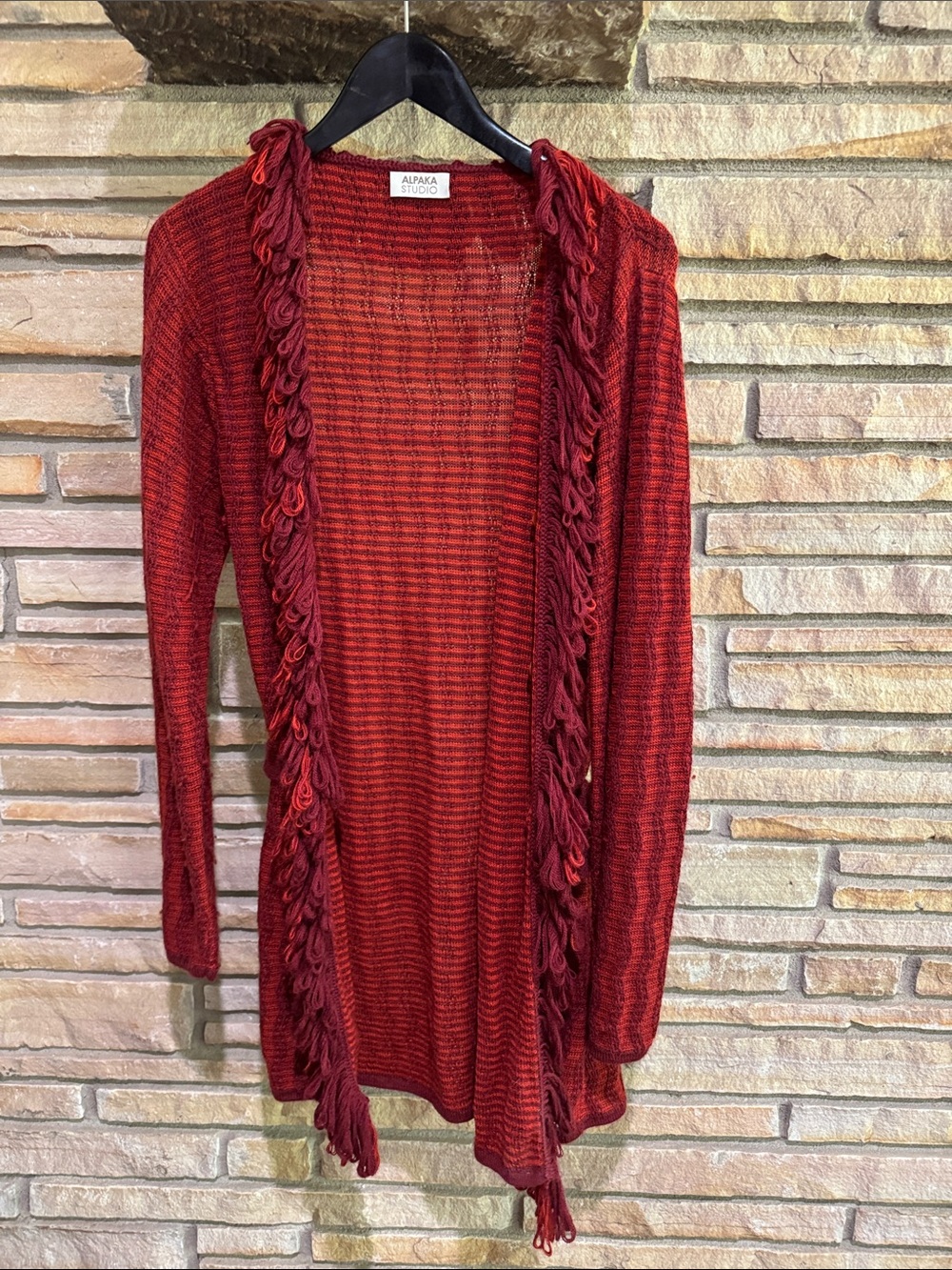Women's Red Open-Front Fringe Alpaca Cardigan Sweater